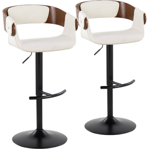 Elisa Adjustable Swivel Bar Stool in Black Metal, Walnut Wood & Cream Fabric (Set of 2)